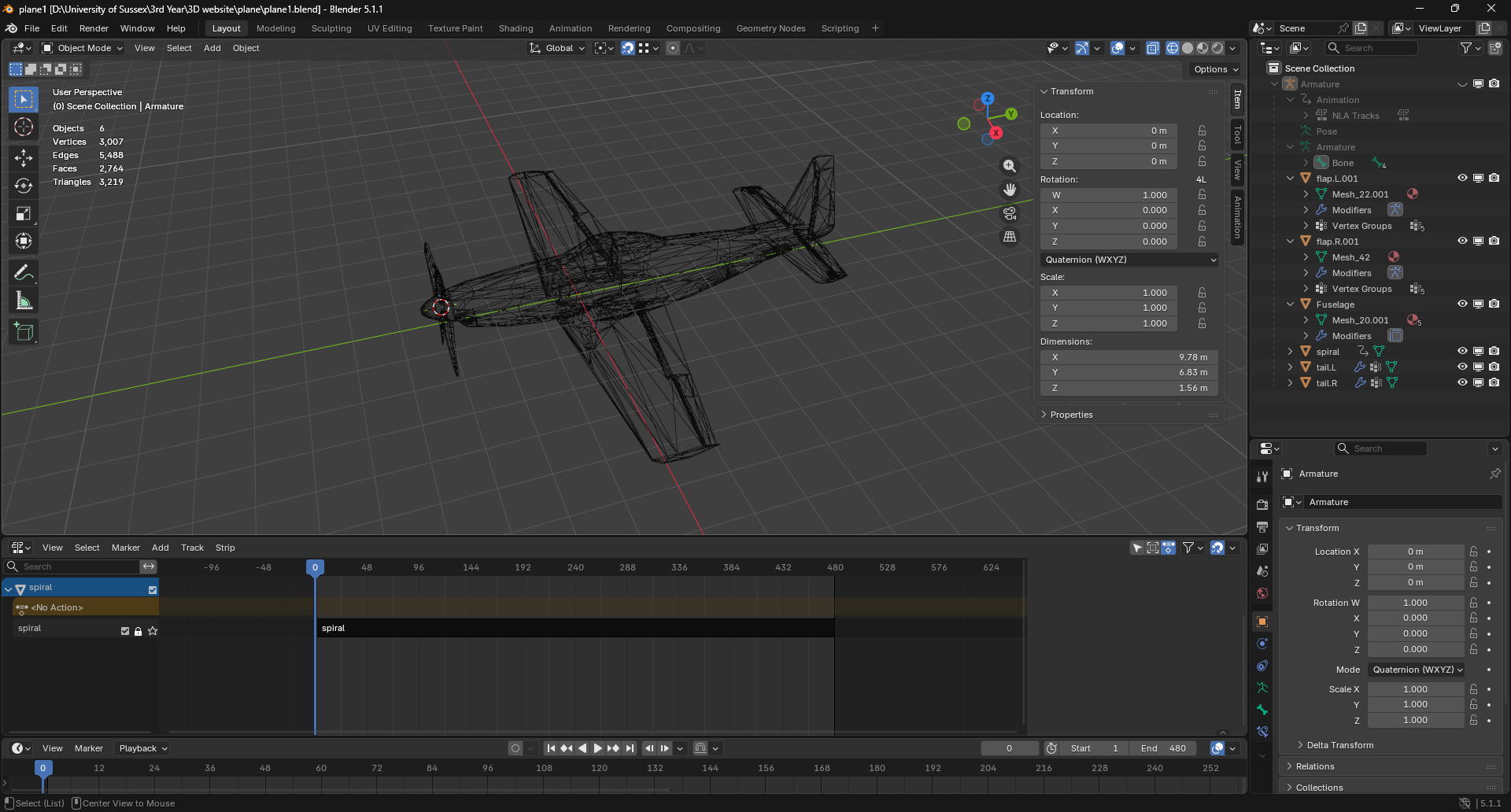 P-51 in Blender wireframe view, with scene outliner showing mesh decomposition and timeline showing the spiral animation